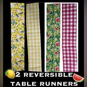 🍉🍋Set Reversible Bright Fruit-Print TAG Table Runners Watermelon Lemon Patterns